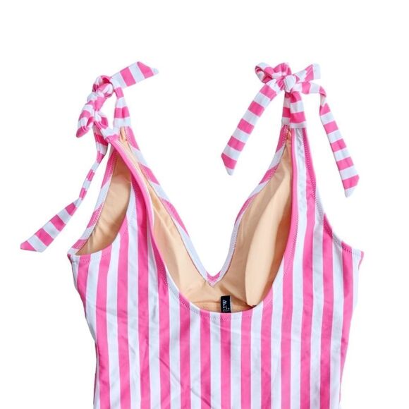 J crew One Piece Swimsuit Wild Berry Pink Striped Tie Shoulder sz M NWT - Picture 8 of 12